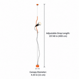A tall floor lamp with an orange cylindrical canopy and a curved orange stem, shown on a white background with measurement labels for adjustable drop length and canopy diameter.