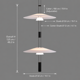 A hanging pendant light fixture shown on a gray background with overlaid dimension labels and arrows indicating overall height, cable length, and shade diameters.