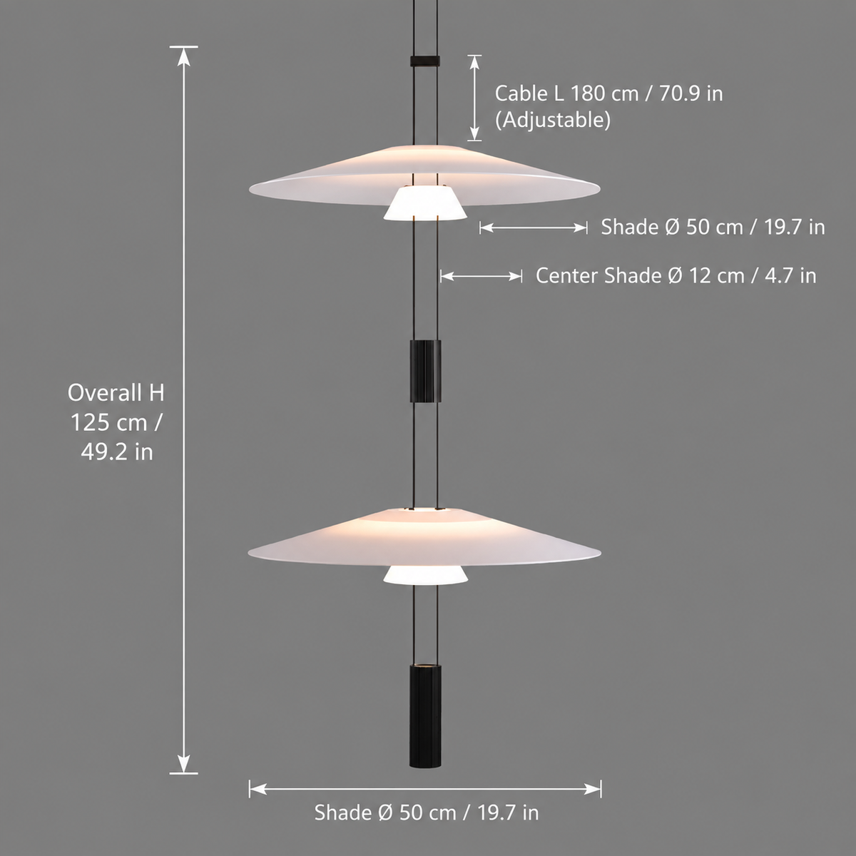 A hanging pendant light fixture shown on a gray background with overlaid dimension labels and arrows indicating overall height, cable length, and shade diameters.