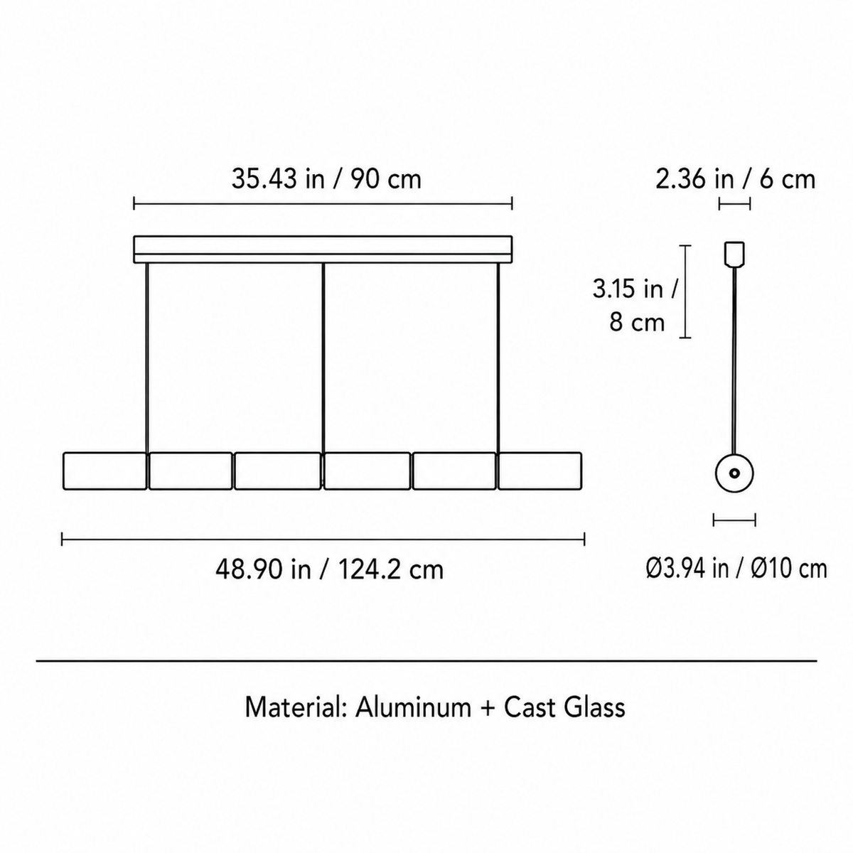 Linear chandelier dimension diagram showing a 48.90-inch overall width, 35.43-inch canopy, and aluminum and cast glass material label.