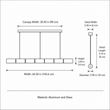 Linear chandelier dimension diagram showing a 65.20-inch overall width, 35.43-inch canopy, and aluminum and glass material label.