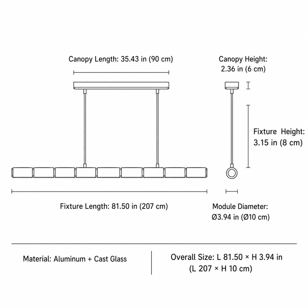 Black line dimension drawing of a linear chandelier on white, showing front and side views with an 81.50-inch fixture length label.