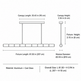 Black line dimension drawing of a linear chandelier on white, showing front and side views with an 81.50-inch fixture length label.