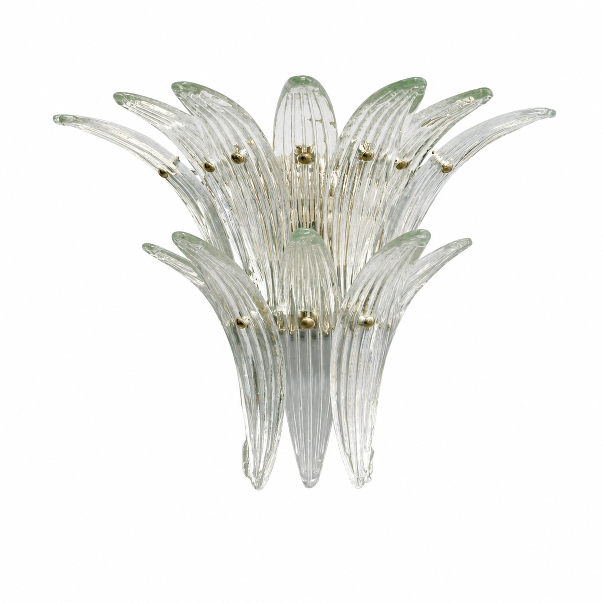 A clear ribbed glass wall sconce with a lotus-like floral shape and small gold metal accents, shown against a plain white background.
