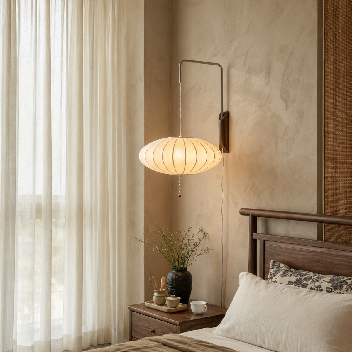 Wall sconce with a glowing flattened cream shade and pull chain above a wooden nightstand beside a bed and curtained window.