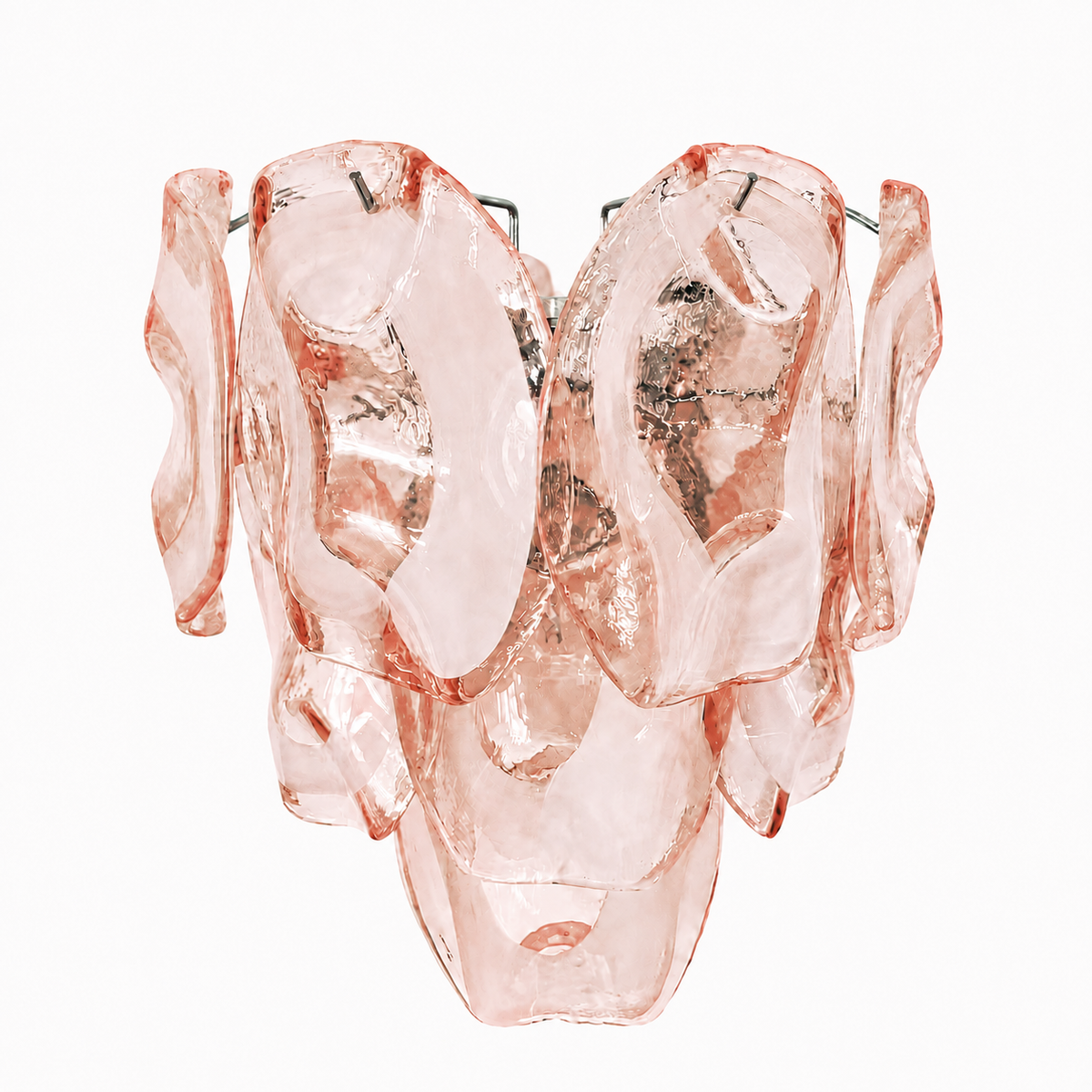 Wall sconce with layered blush pink sculpted glass and chrome supports against a white background.