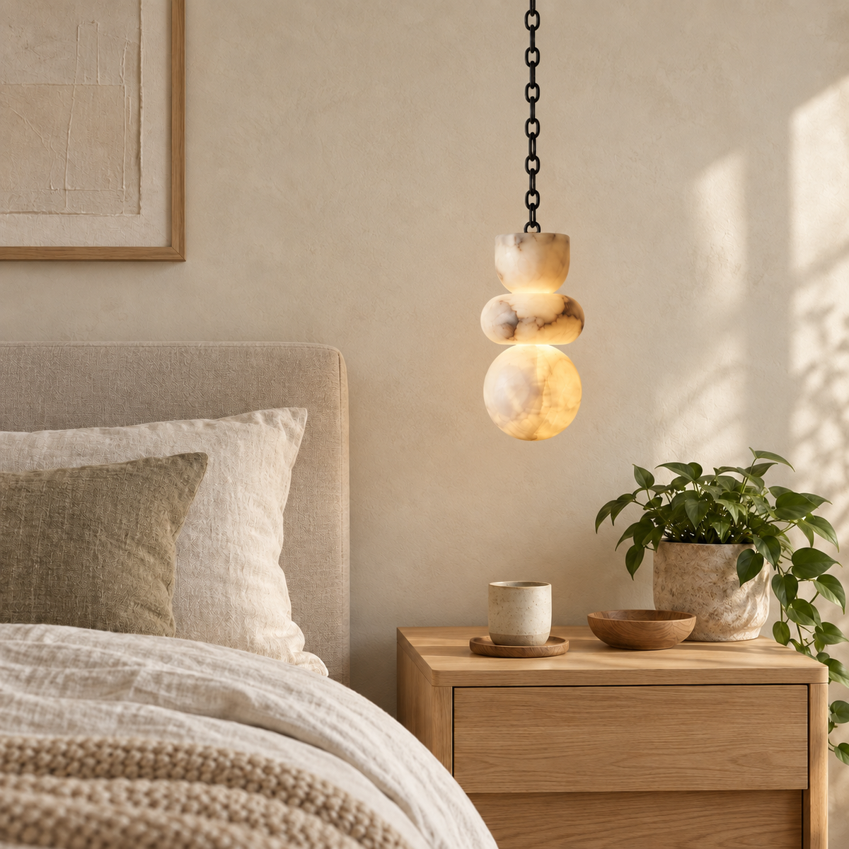 A single-light marble chandelier on a black chain glows above a wooden bedside table beside a neutral upholstered bed.