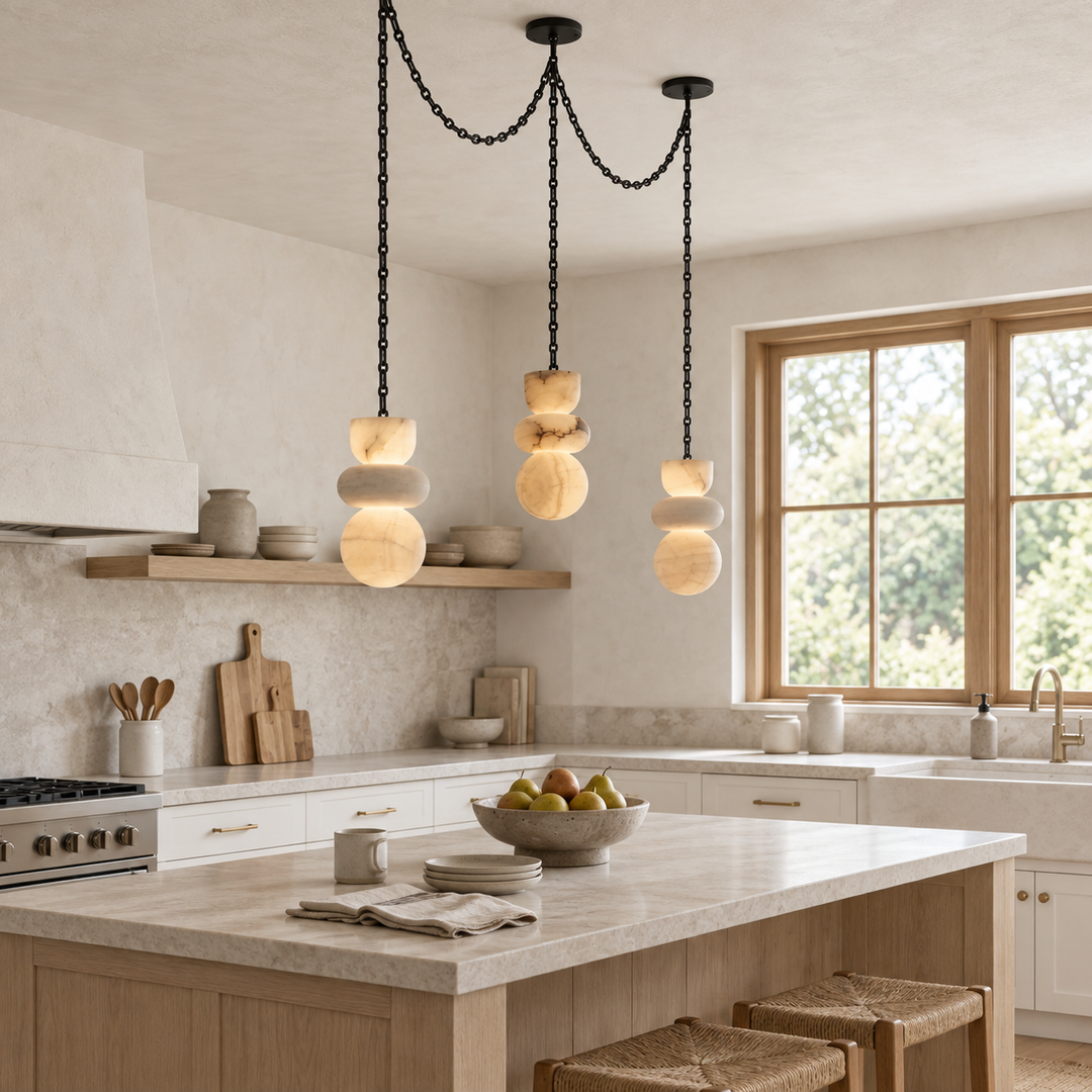 A three-light marble chandelier hangs at staggered heights on black chains above a pale kitchen island.