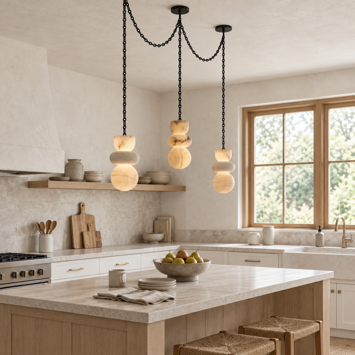 A three-light marble chandelier hangs at staggered heights on black chains above a pale kitchen island.