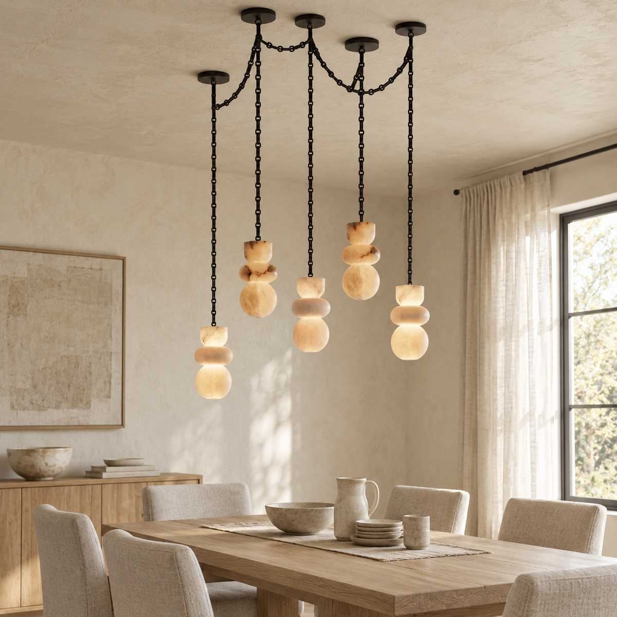 A modern multi-light pendant chandelier with five stacked frosted glass shades on black chains, hanging over a dining table in a warm, neutral-toned room.