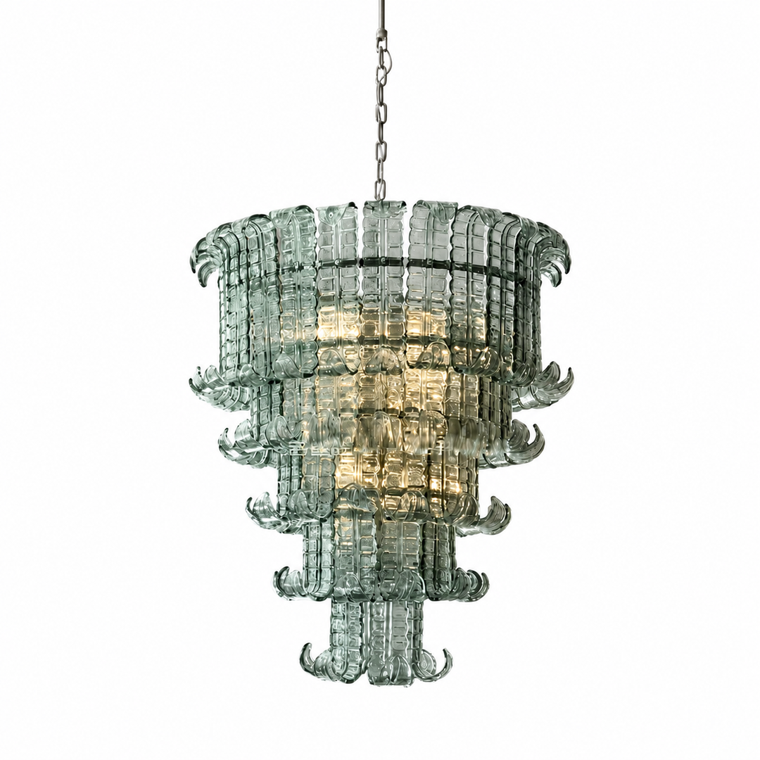 Illuminated tiered chandelier with curved, pale green textured glass panels suspended from a silver chain against a white background.