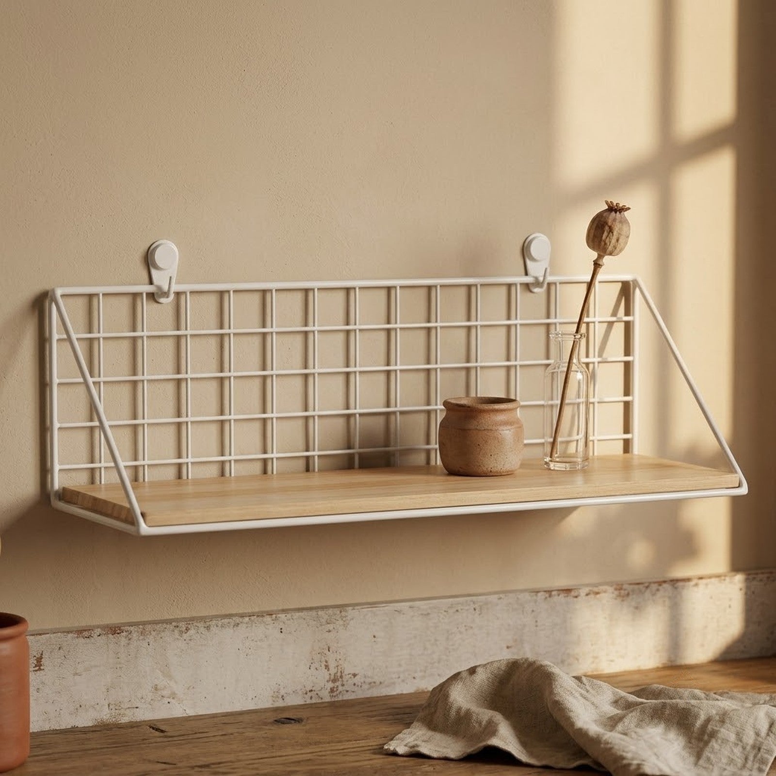 White wire grid wall shelf styled with a small stoneware pot and a single dried stem