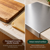 Split-screen comparison showing a stainless steel cutting board in use on a countertop. The left side shows a damaged wood cutting board and a slice of cheese with scratches and wear, captioned 'Damaged wood & plastic boards.