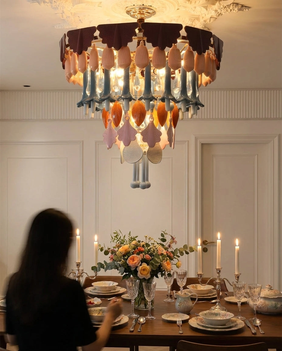 A large, ornate chandelier with layered amber, peach, and blue glass leaf-like elements hangs over a beautifully set dining table with candles and a floral centerpiece. A woman is seated at the table in a warmly lit dining room.