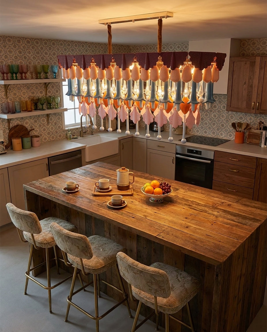A rustic kitchen island with a large wooden table and three upholstered bar stools, under a decorative chandelier with many hanging glass shades in pink, orange, and blue, set in a fully decorated kitchen.
