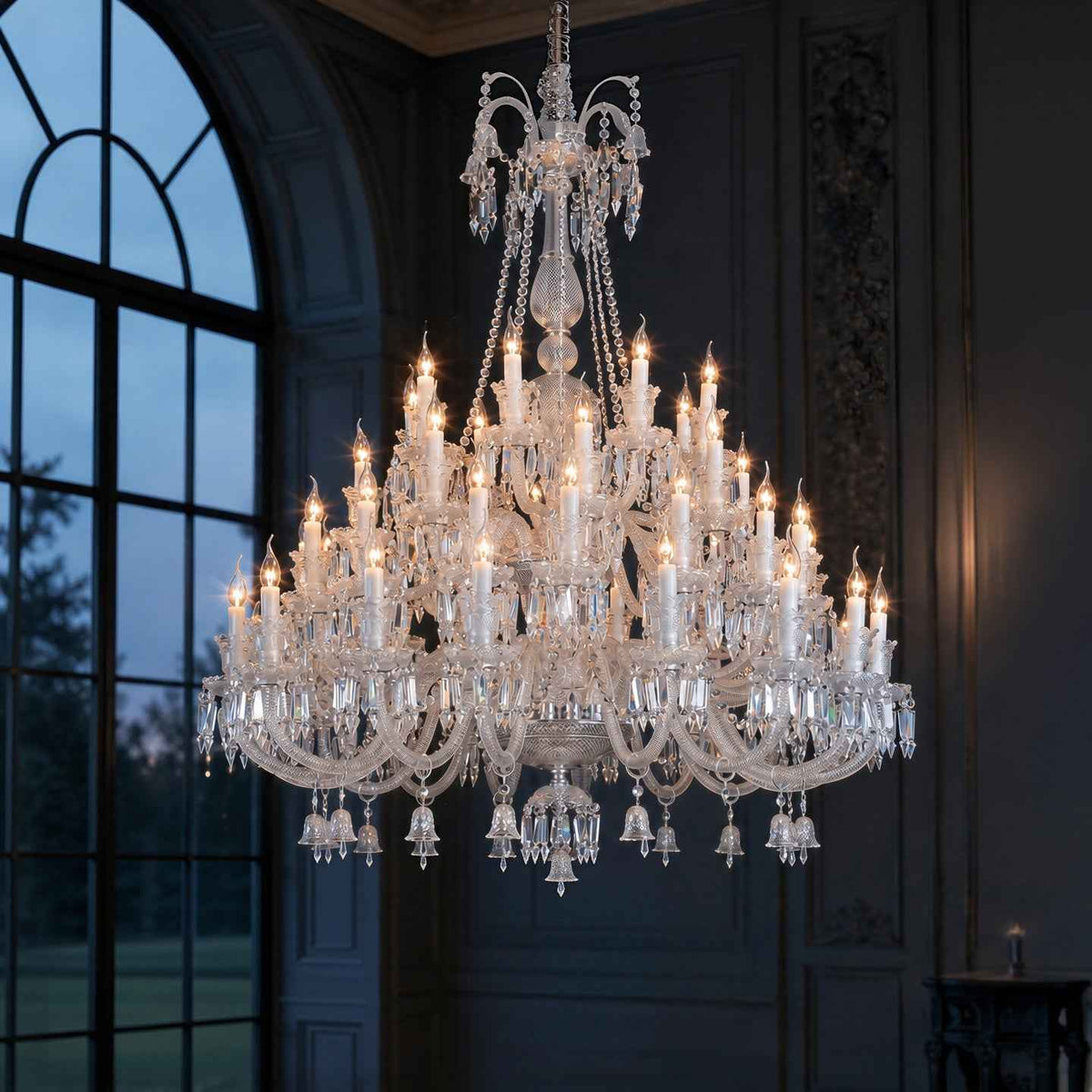 A large multi-tiered crystal chandelier with numerous lit candle-style bulbs and hanging clear glass prisms, suspended in an elegant interior room with dark paneled walls and a large arched window.