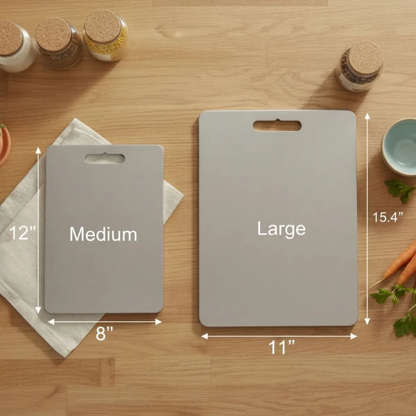 Double-sided 304 stainless steel cutting board on a kitchen counter, juice groove side facing up
