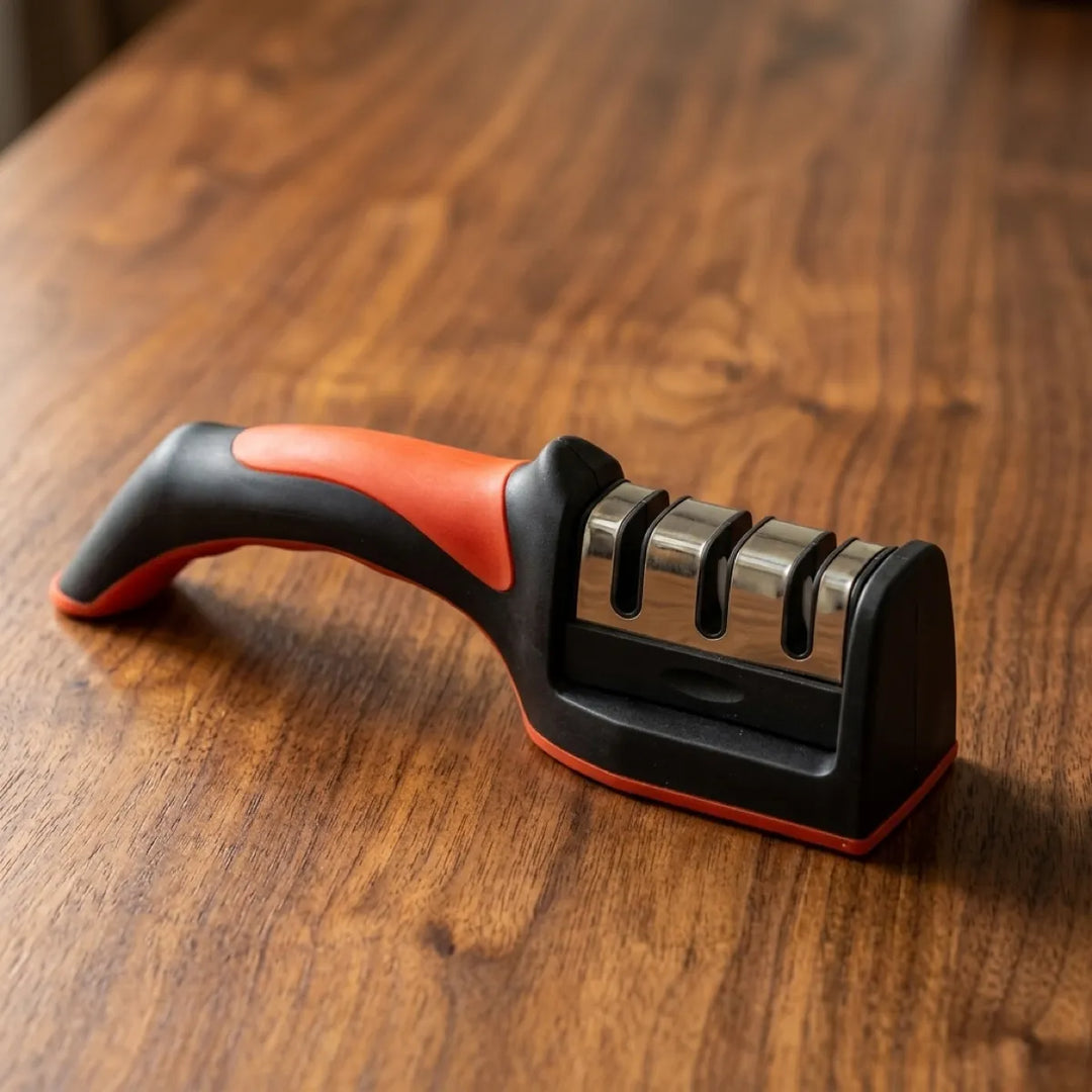 Chef knife being pulled heel to tip through the fine slot of the sharpener