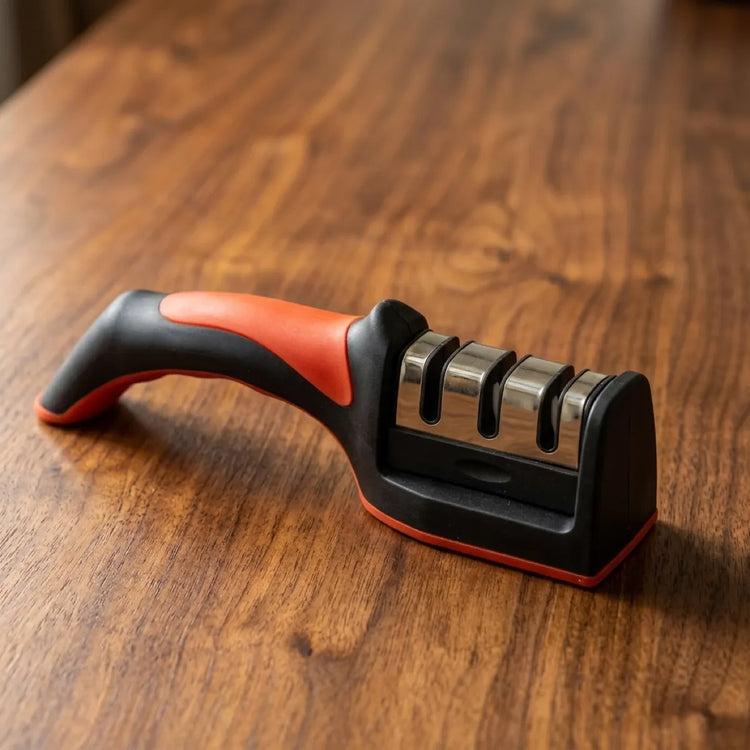 Chef knife being pulled heel to tip through the fine slot of the sharpener