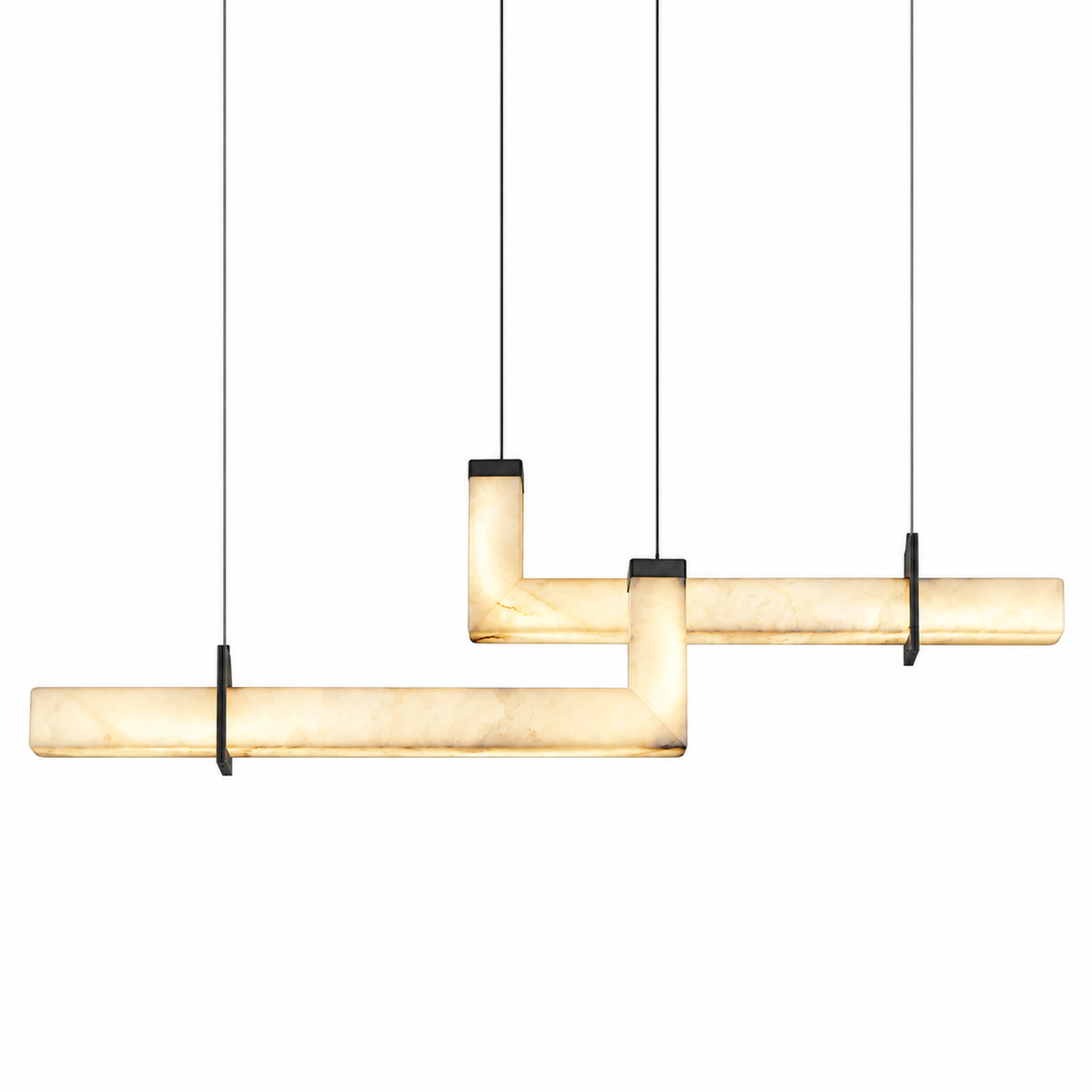 Modern linear pendant light fixture with a warm glowing translucent stone or acrylic bar suspended by thin black cords, shown against a plain white background.