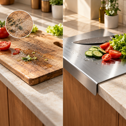 A split-screen kitchen scene showing a stainless steel countertop cutting board with a drop-down extension. The left panel shows a wooden cutting board with tomato and cucumber slices, a knife, and a circular inset highlighting a stained area.