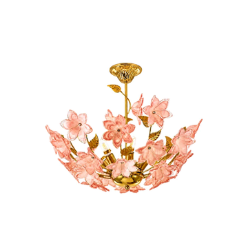 A floral chandelier with gold-finished metal arms and translucent pink glass flower petals, shown against a plain white background.