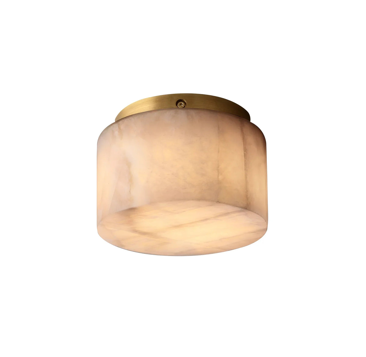 A modern semi-flush mount ceiling light fixture featuring a cylindrical translucent warm-toned stone shade with a brushed brass metal ceiling mount.