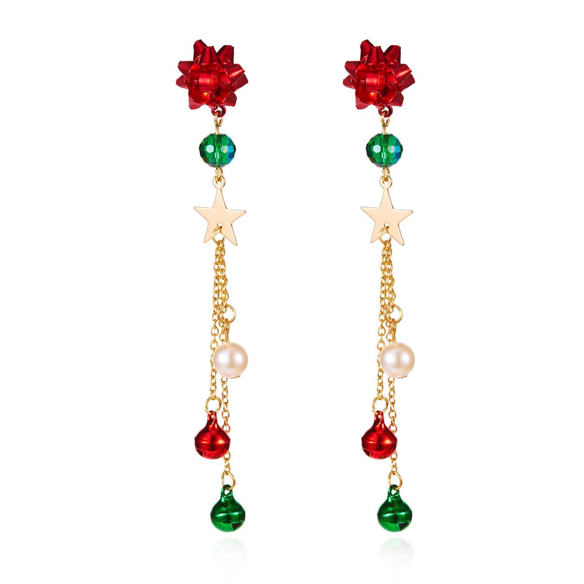 Matching drop earrings with red bows, green beads, gold-tone stars and chains, white beads, and red and green bells appear against white.