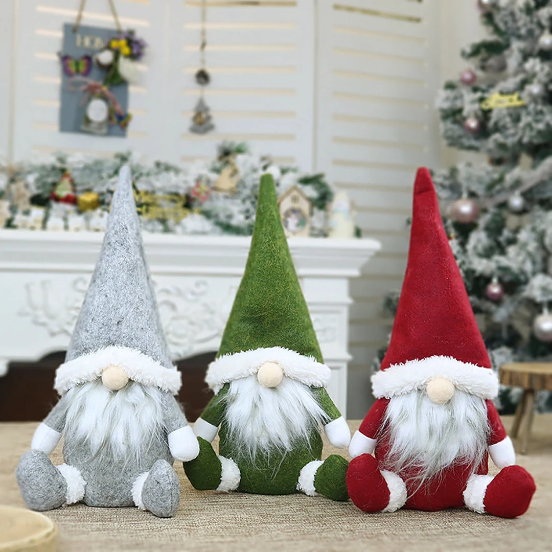 Gray, green, and red gnomes with pointed hats and white beards sit before a decorated mantel and Christmas tree.