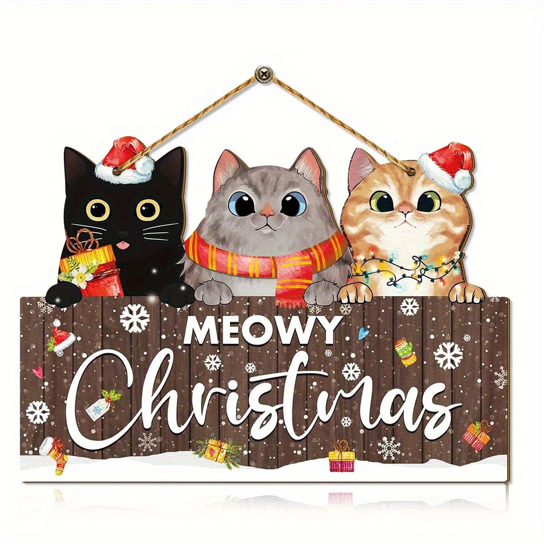 Brown Meowy Christmas sign on white features black, gray, and orange cats, snowflakes, gifts, and a hanging cord.