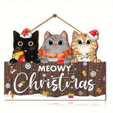 Brown Meowy Christmas sign on white features black, gray, and orange cats, snowflakes, gifts, and a hanging cord.