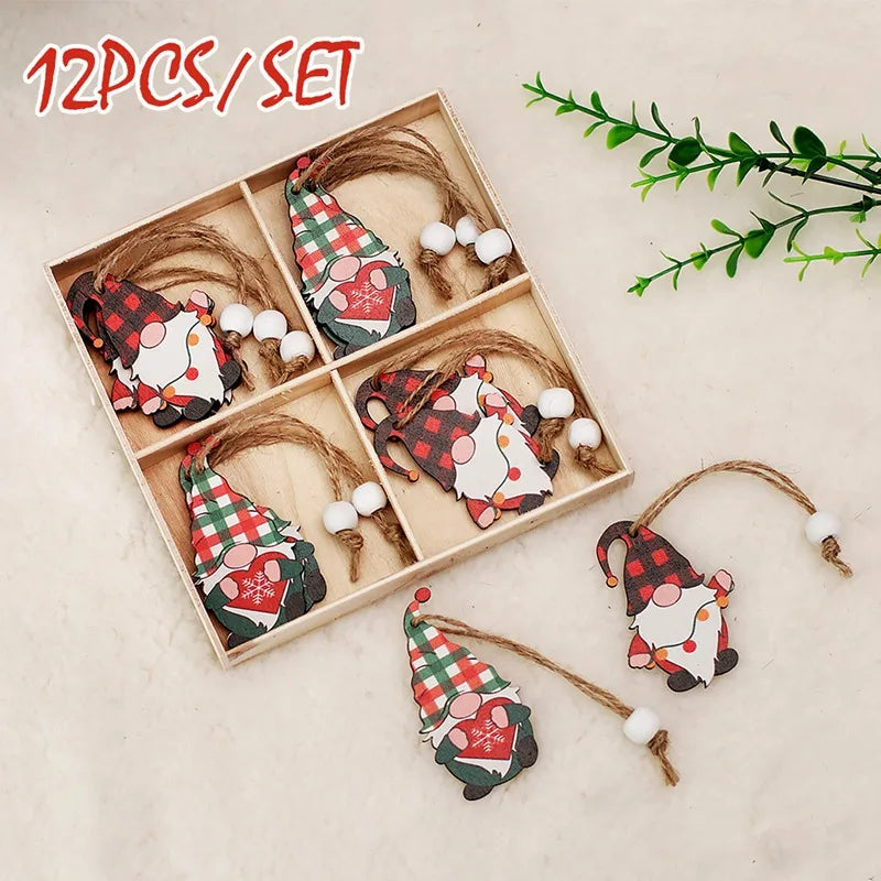 Plaid-hatted wooden gnome Christmas ornaments with white-beaded cords rest beside a divided box on beige fabric beneath a 12-piece set label.