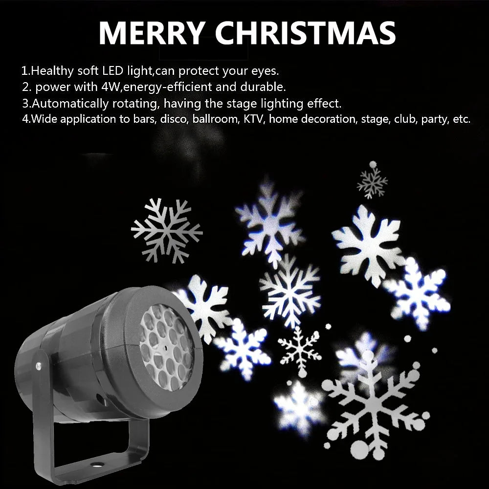 Black light projector with a mounting bracket and white snowflake patterns against a black background beneath Merry Christmas text.