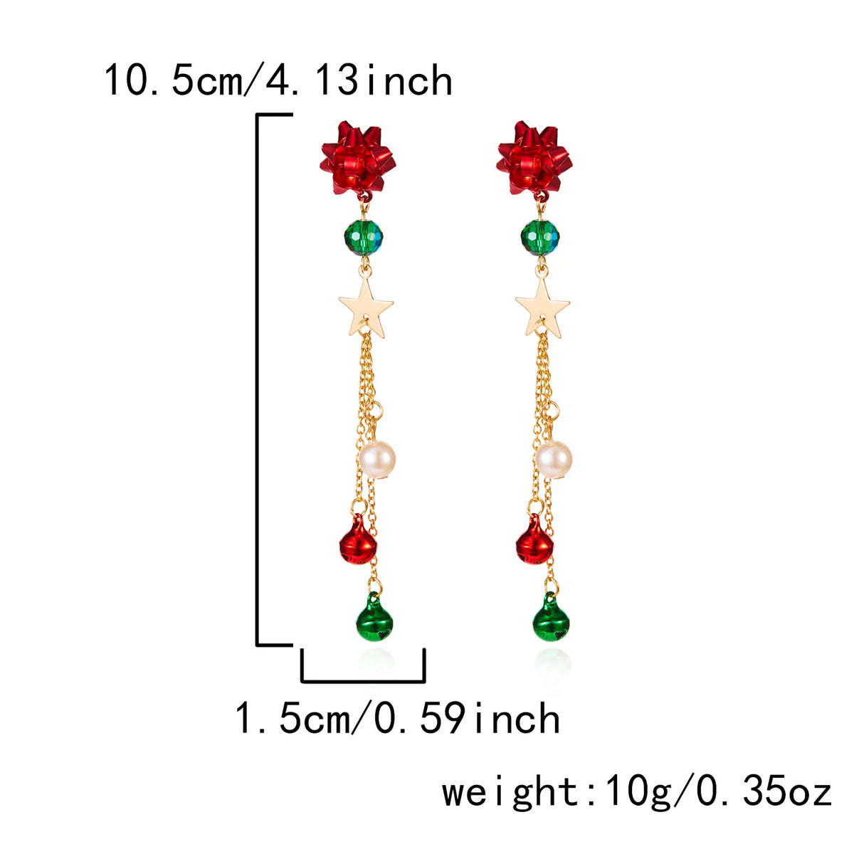 Red bow drop earrings appear against white with size labels of 10.5 cm by 1.5 cm and a weight label of 10 g.