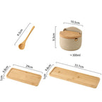 Bamboo spoon and ceramic salt cellar with dimension callouts for spoon and jar