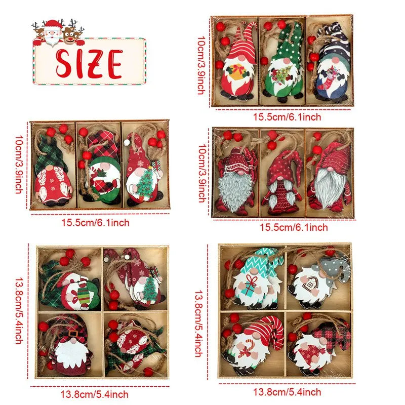 Gnome Christmas ornaments fill boxes labeled 15.5 by 10 cm for rectangular boxes and 13.8 by 13.8 cm for square boxes.