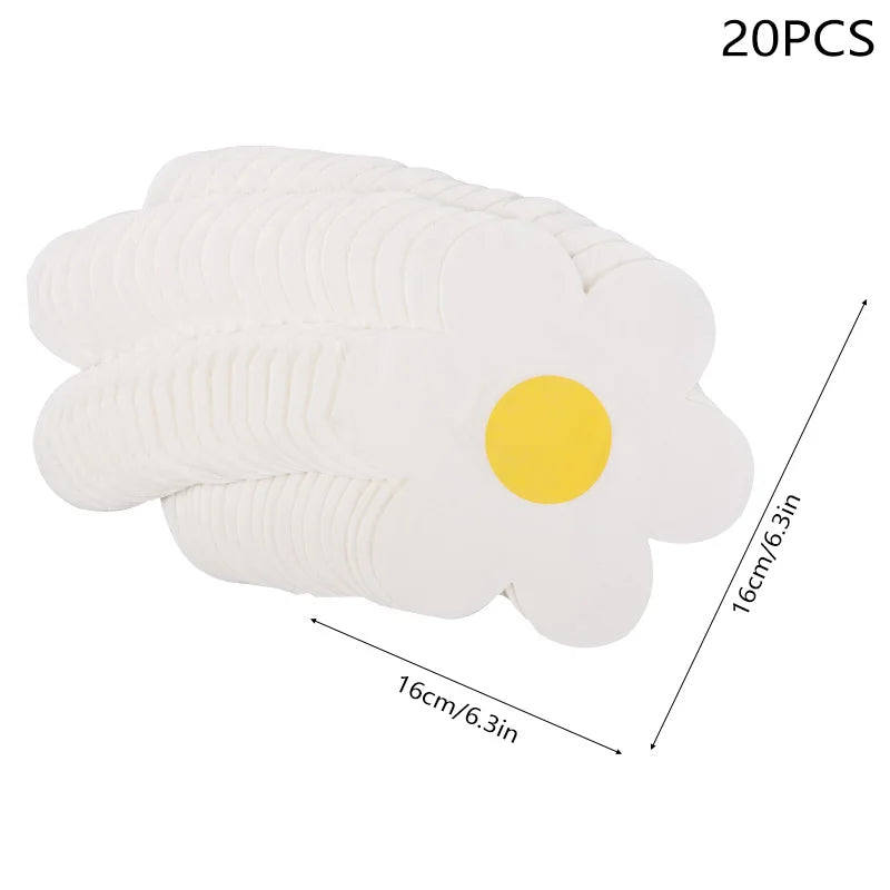 A stack of 20 white flower-shaped coasters with yellow centers, shown on a white background with black dimension lines indicating a size of 16cm/6.3in.