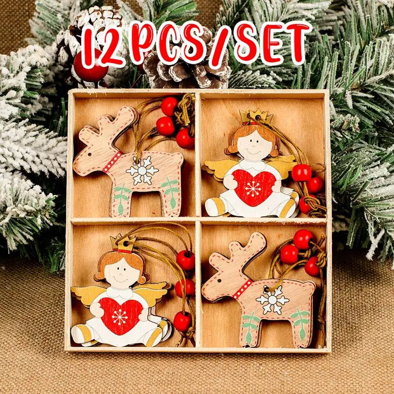 Wooden reindeer and angel Christmas ornaments with red beaded cords fill a divided tray beside snowy branches beneath a 12-piece label.