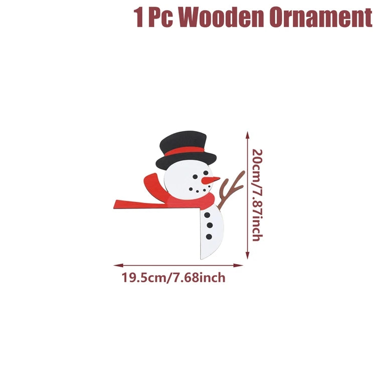 White wooden snowman door corner decoration with black hat and red scarf is labeled 19.5 cm wide and 20 cm high.