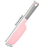 Pink and gray kitchen knife with measurements on a white background