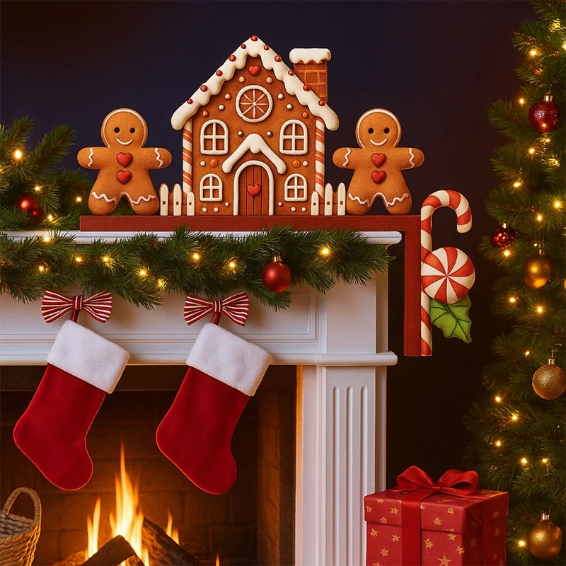 Gingerbread house door corner decoration with a candy cane extending down the right side rests on a white mantel above red stockings.