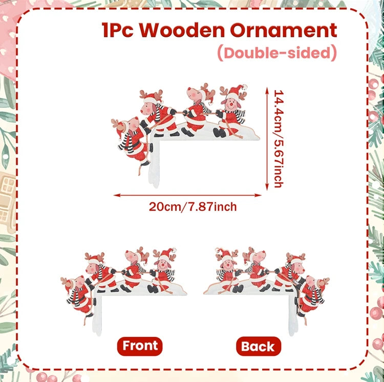 Wooden reindeer door corner decoration in red outfits shows front and back views, labeled 20 cm wide and 14.4 cm high.