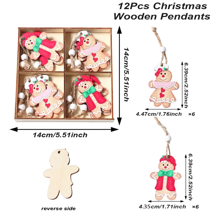 Wooden gingerbread Christmas ornaments appear on white with labels showing 6.39-centimeter heights, 4.47- and 4.35-centimeter widths, and a 14-centimeter square box.