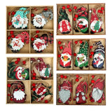 Five compartmented boxes hold colorful Christmas gnome ornaments with patterned hats, white beards, twine loops, and red beads against white.