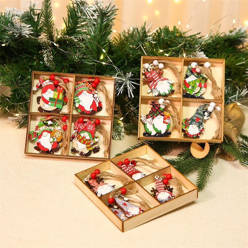 Wooden gnome Christmas ornaments with beaded hanging cords fill three divided boxes beside evergreen branches and warm string lights.