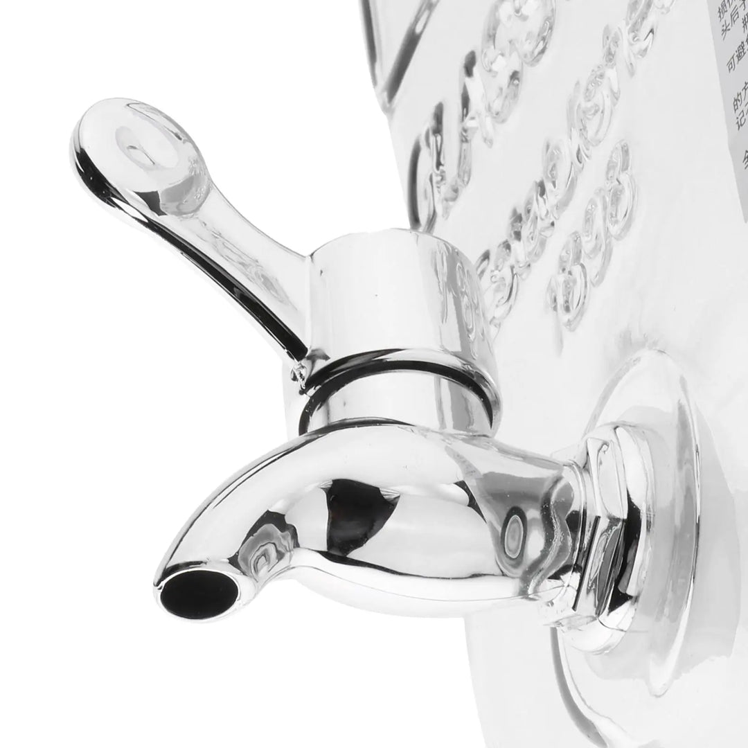 A close-up of a polished chrome beverage tap with a curved spout and lever handle, mounted on a white container against a white background.