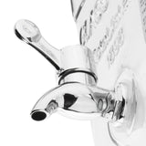 A close-up of a polished chrome beverage tap with a curved spout and lever handle, mounted on a white container against a white background.