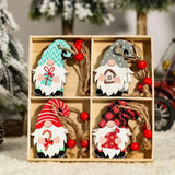 Four white-bearded gnome ornaments with patterned hats and red-beaded twine sit in a divided wooden box against a snowy Christmas backdrop.