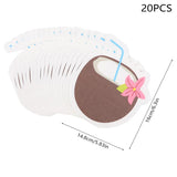 A stack of 20 coconut-shaped paper napkins with a brown coconut body, white paper edges, a pink flower, and a blue straw, shown with dimension lines and text indicating 14.8cm by 16cm size on a white background.