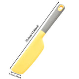 Yellow spatula with gray handle and measurements on a white background